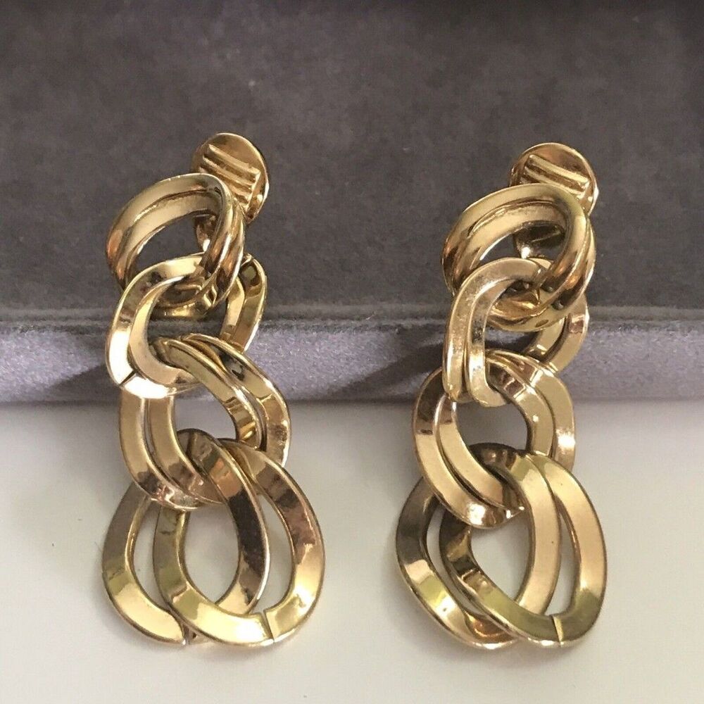 Vintage Monet Clip On Earrings Goldtone Dangle Drap link Costume Jewlery